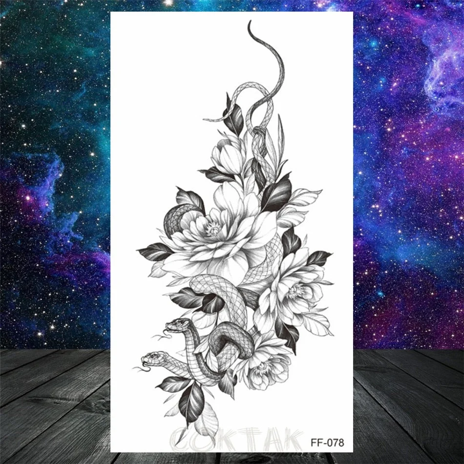 Lotus Flower Temporary Tattoo For Women Girls Snake Peony Lily Rose Chains Tattoos Sticker Black Blossom Fake Transferable Tatoo