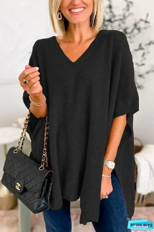 Chicest V Neck Loose Fit Solid Poncho Sweater