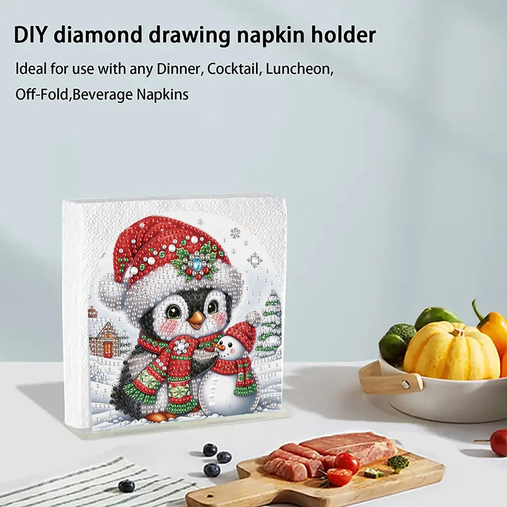 5D DIY Christmas Penguin Snowman Acrylic Diamond Art Painting Napkin Holder Set