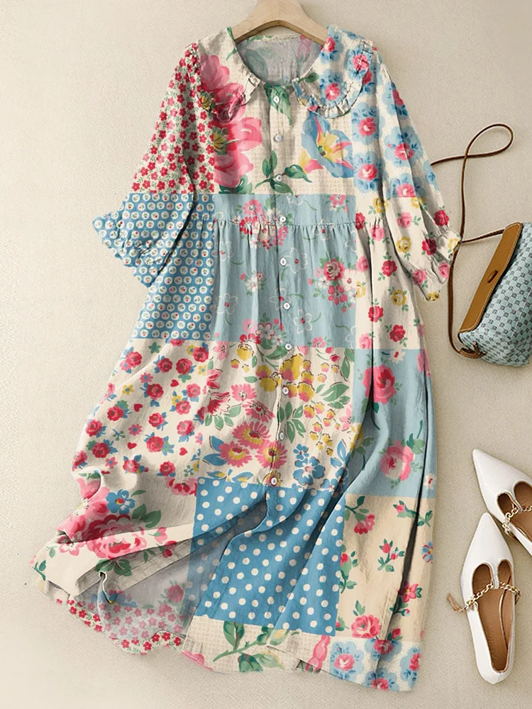 Women‘s Lovely Floral Patchwork Pattern Art Print Peter Pan Collar Cotton Dress