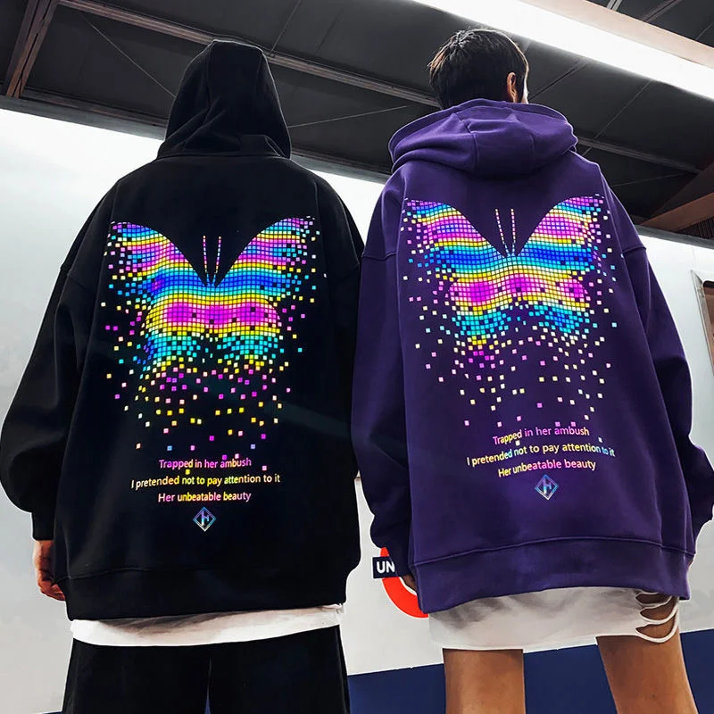 Harajuku Butterfly Print Reflective Couples Hoodie Techwear Shop
