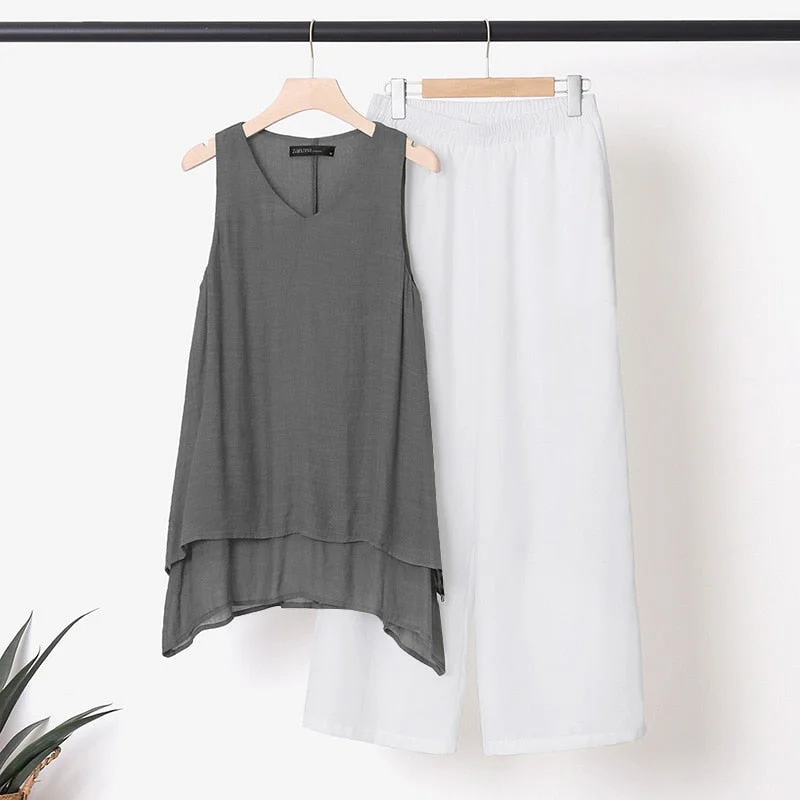 ZANZEA 2 Piece Sets Casual Loose Matching Sets Summer Urban Tracksuit Women Sleeveless Blouse Trousers Suits Wide Leg Pants Sets