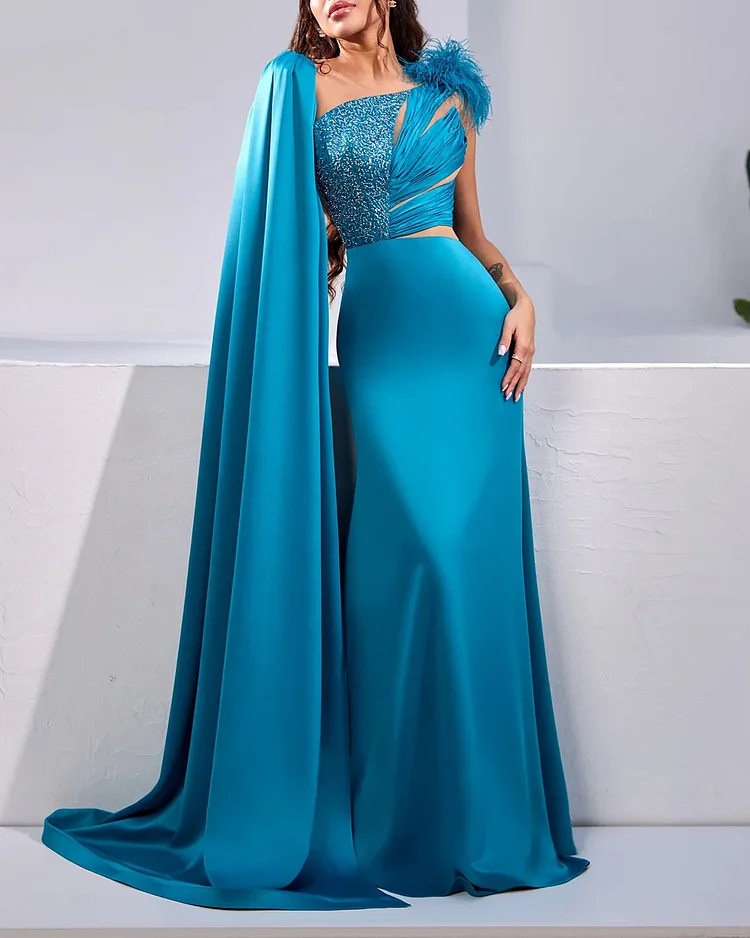 Women's Blue Shawl Sequined Dress