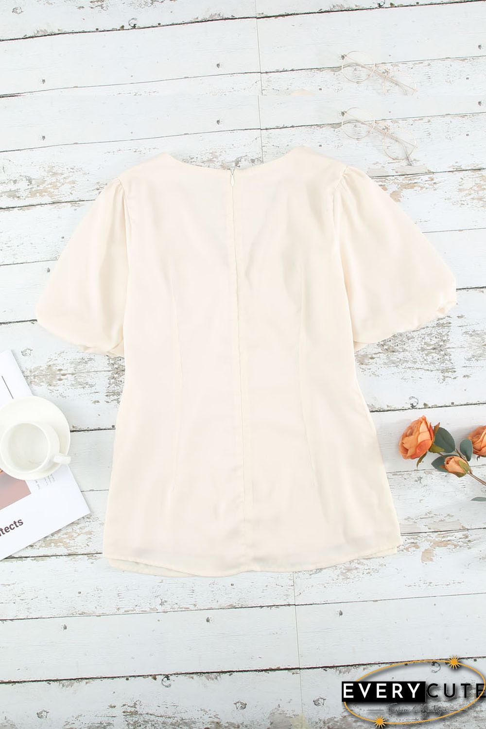 Satin Puff Sleeve V Neck Blouse
