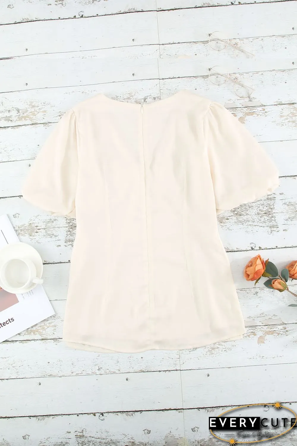 Satin Puff Sleeve V Neck Blouse