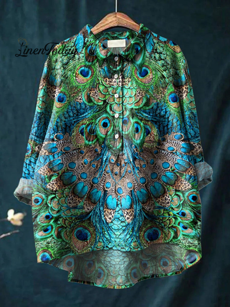 Vintage Lovely Peacock Feather Art Print Casual Cotton And Linen Shirt Multicolor / S