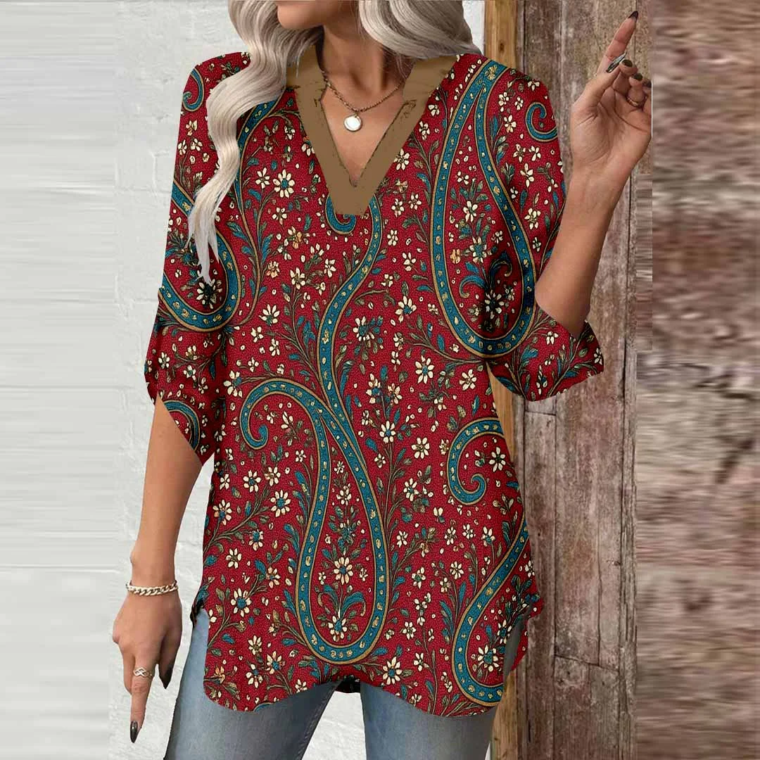 Women Perris, Red, Black DZGA0384 3/4 Sleeve V-neck Printed Graphic Button Tops