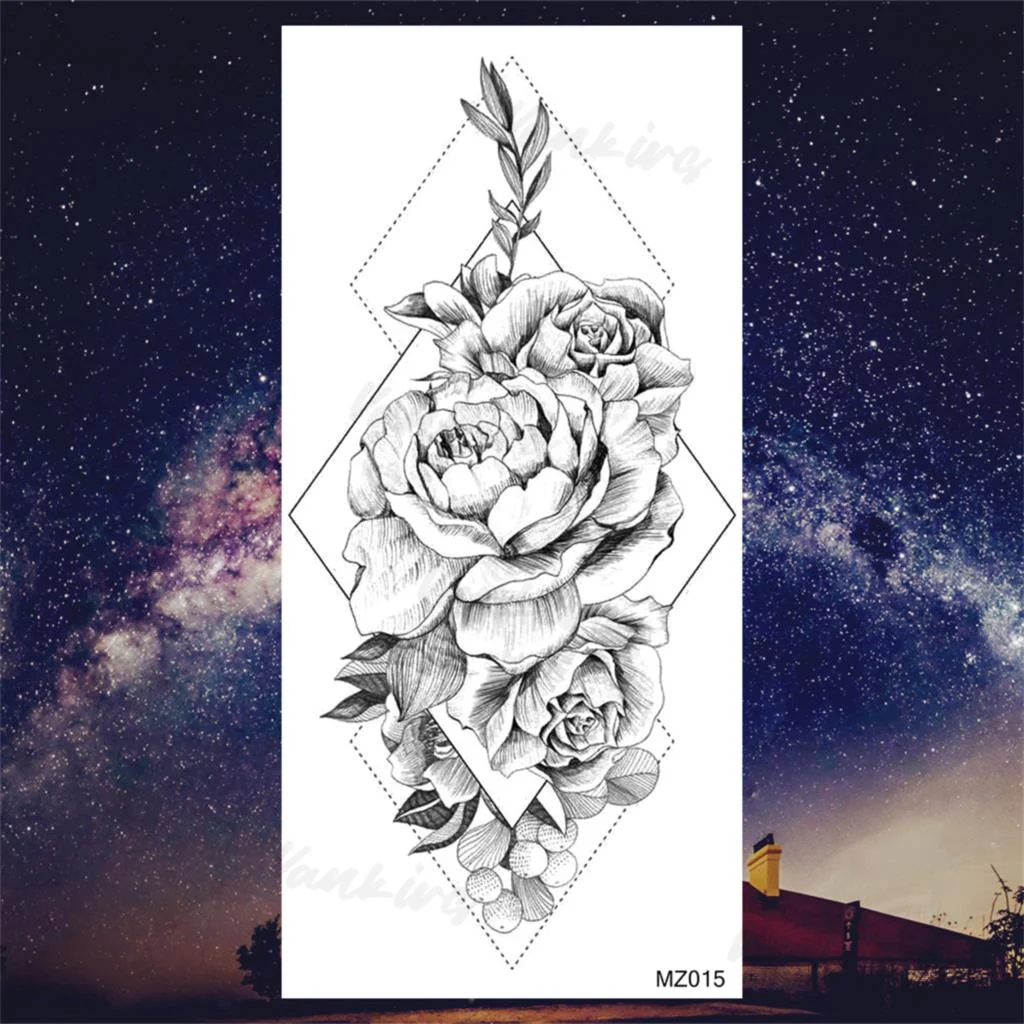 Sdrawing Peony Butterfly Temporary Butterfly Tattoos For Women Girls Realistic Snake Sun Fake Tattoo Sticker Leg Body Tatoos