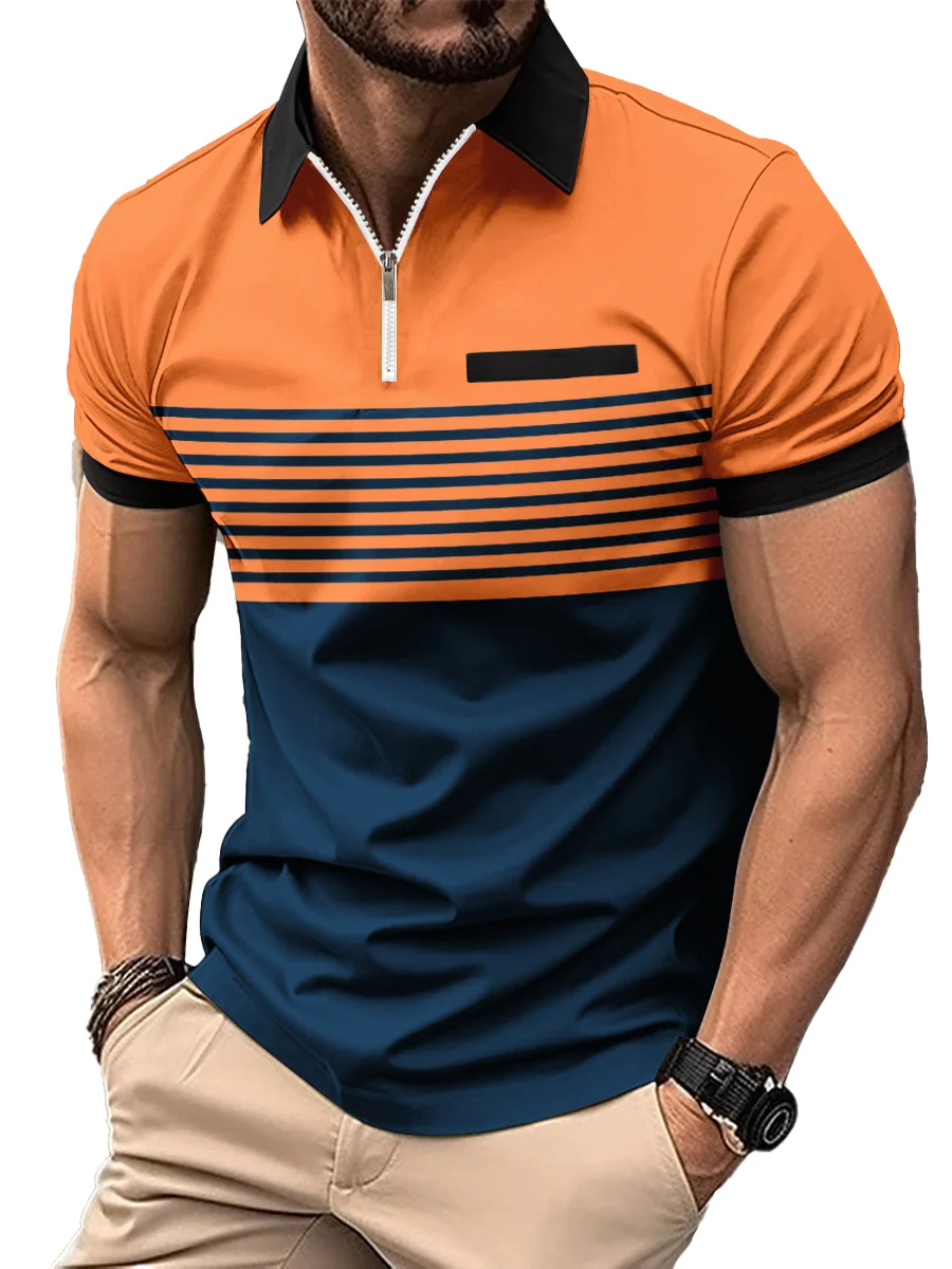 Men's Zip Printed Striped Polo Shirt