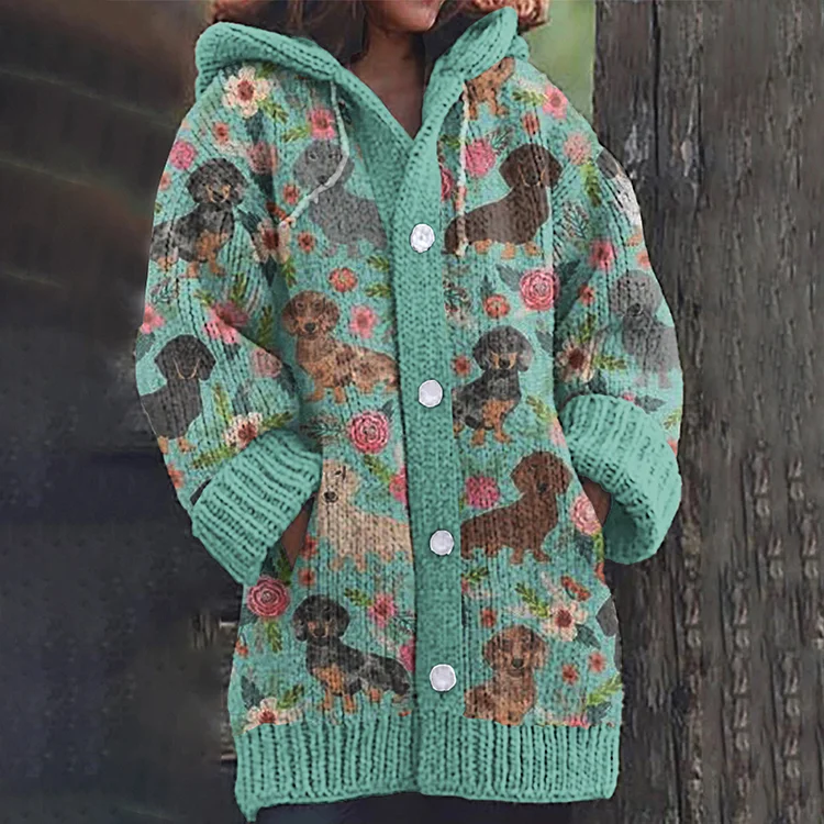 Women's Dachshund And Floral Art Pocket Cozy Sweater
