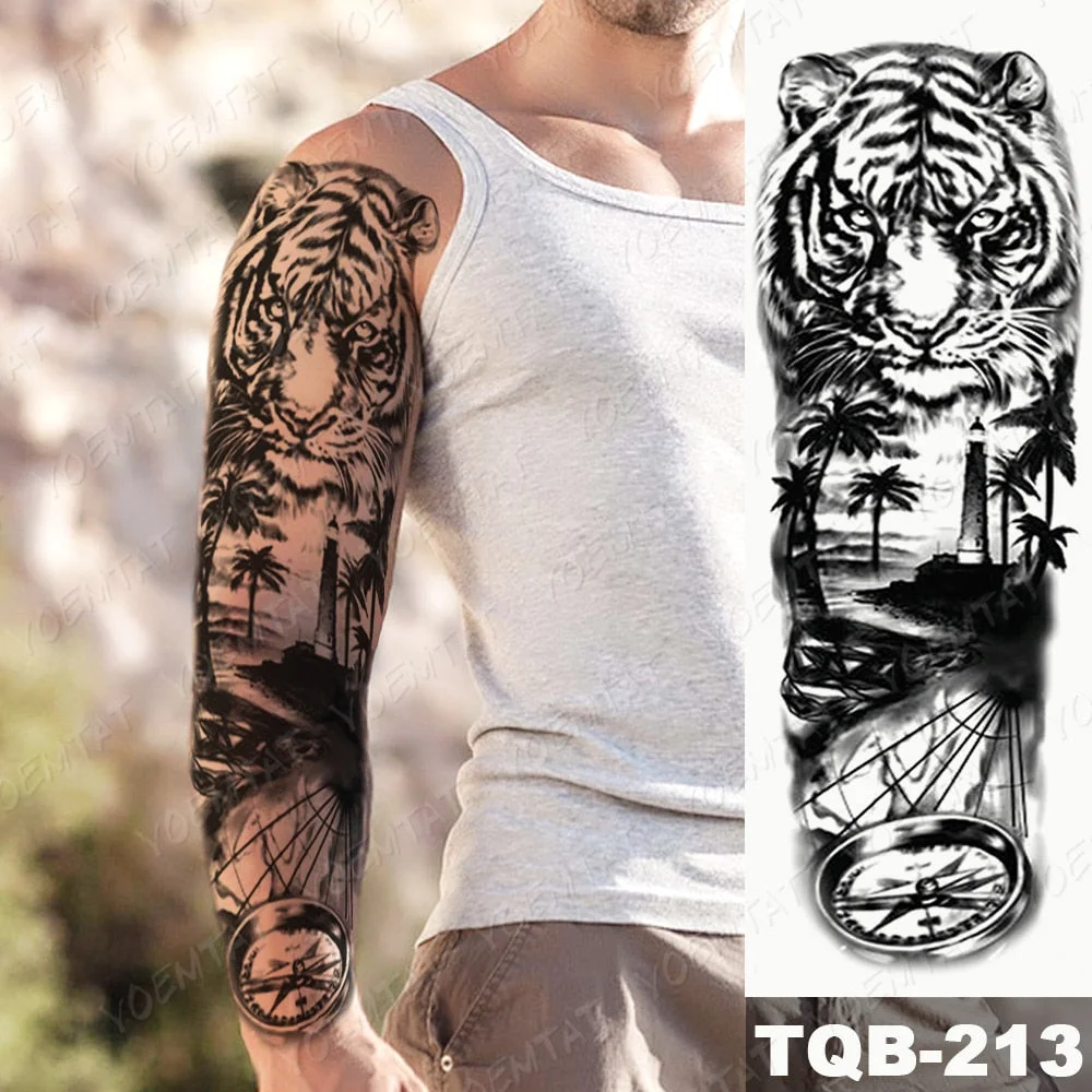 Men Full Arm Waterproof Temporary Tattoo Sticker Clock Rose Tiger Totem Transfer Body Art Fake Tatoo Cool sexy tato Woman