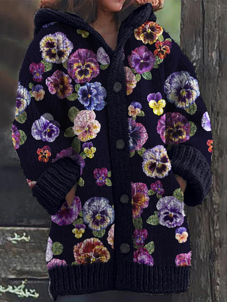 Classy Pansy Floral Pattern Cozy Hooded Cardigan