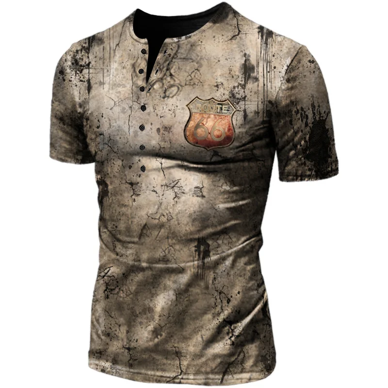 Mens outdoor tactical retro route 66 printed T-shirt / [viawink] /