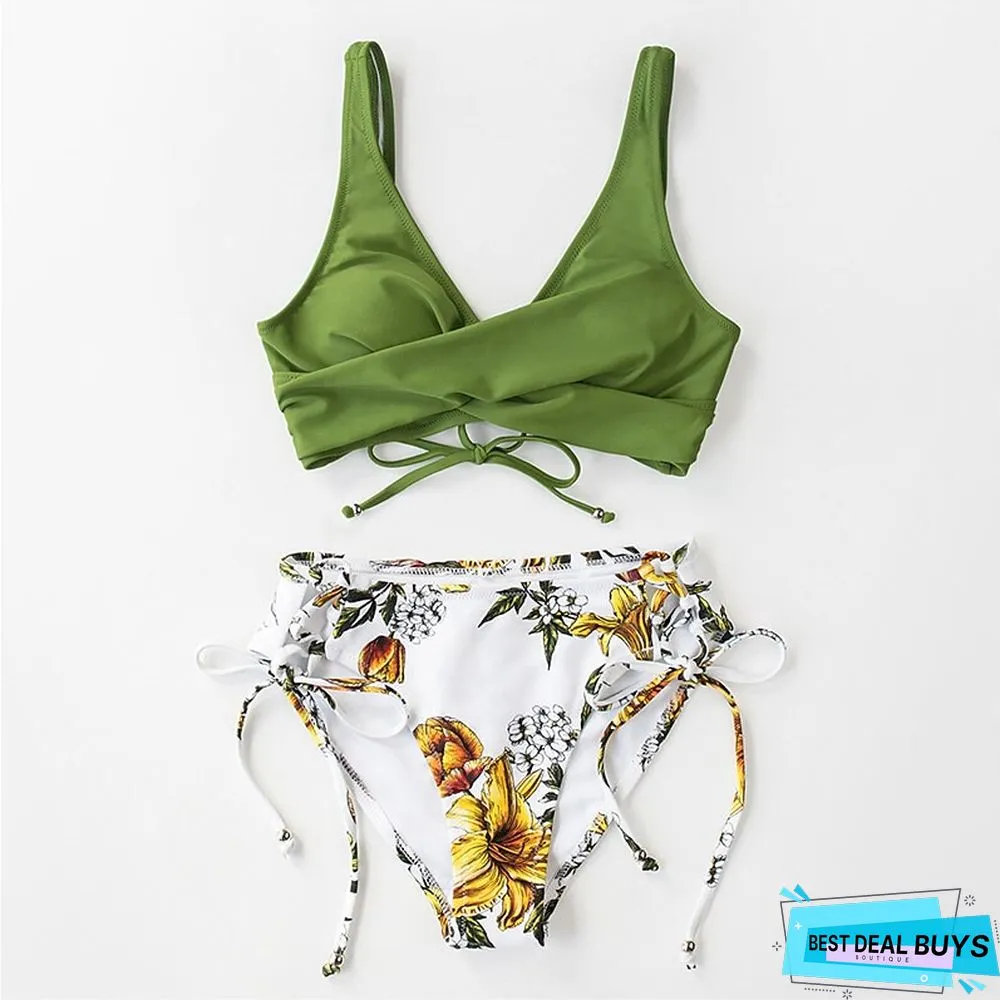 Womens Swimwear Bikini Piece Normal Swimsuit Open Back Printing fold over Flower Green