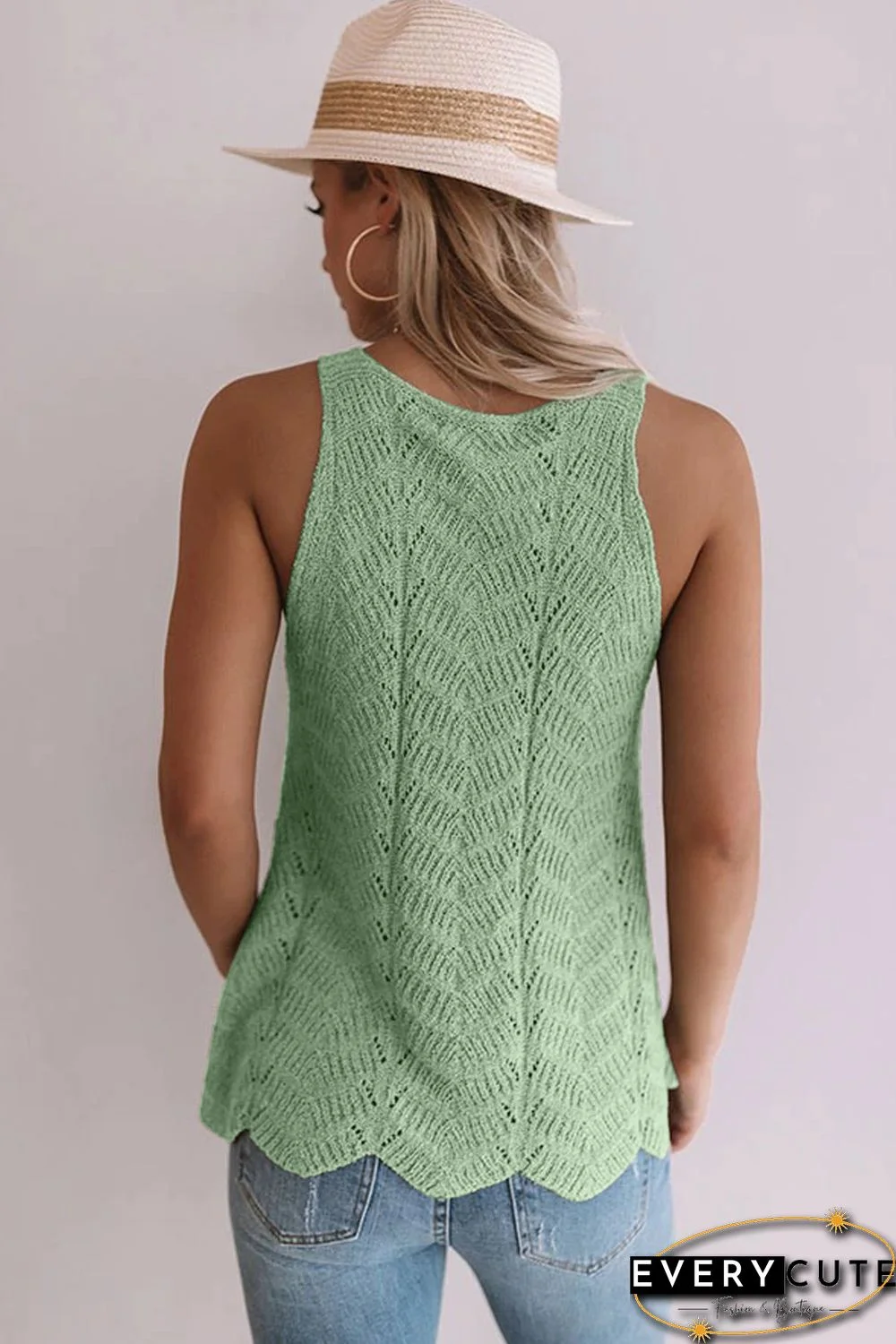 Green Flowy Scalloped Hemline Knit Tank Top