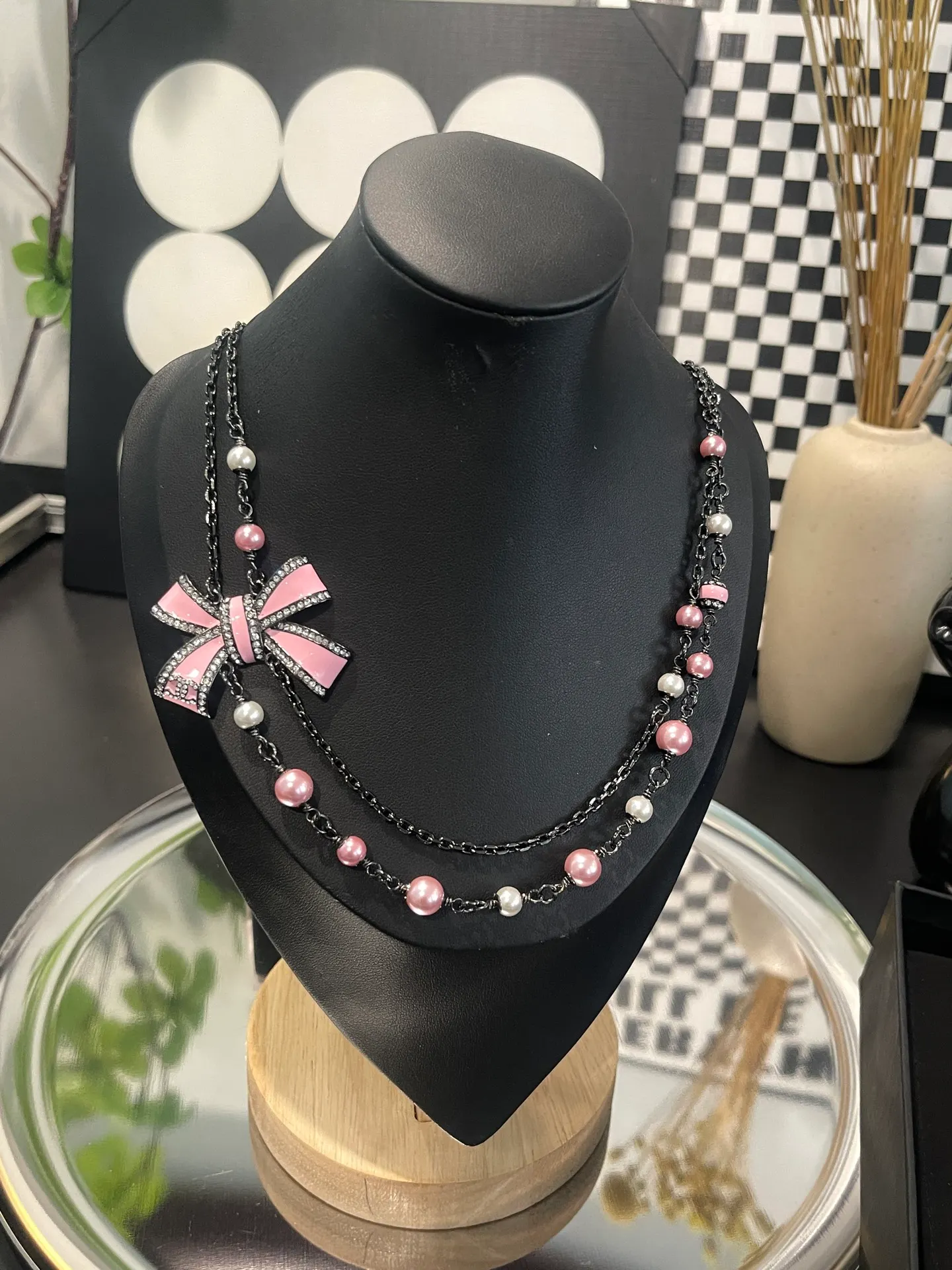 Chanel Two Layers Pink Bow Pearl Necklace