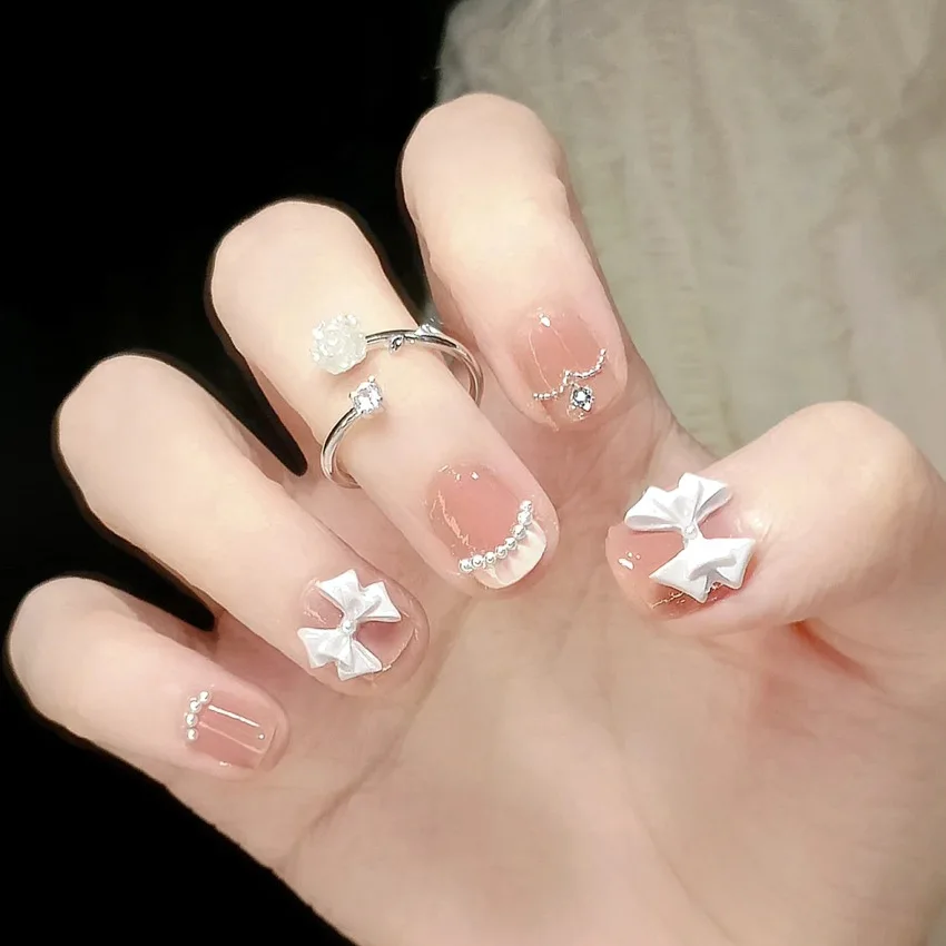 Bayuyun 24Pcs/Set Coffee Leopard French Fake Nails with Diamonds Japan Korean Artificial Acrylic Press on Nails Removable Stick on Nails
