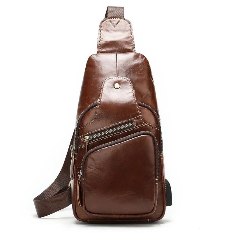 Men's Chest Bag Fashion Casual Leather Crossbody Bag With Earphone Hole And Usb Charging Port