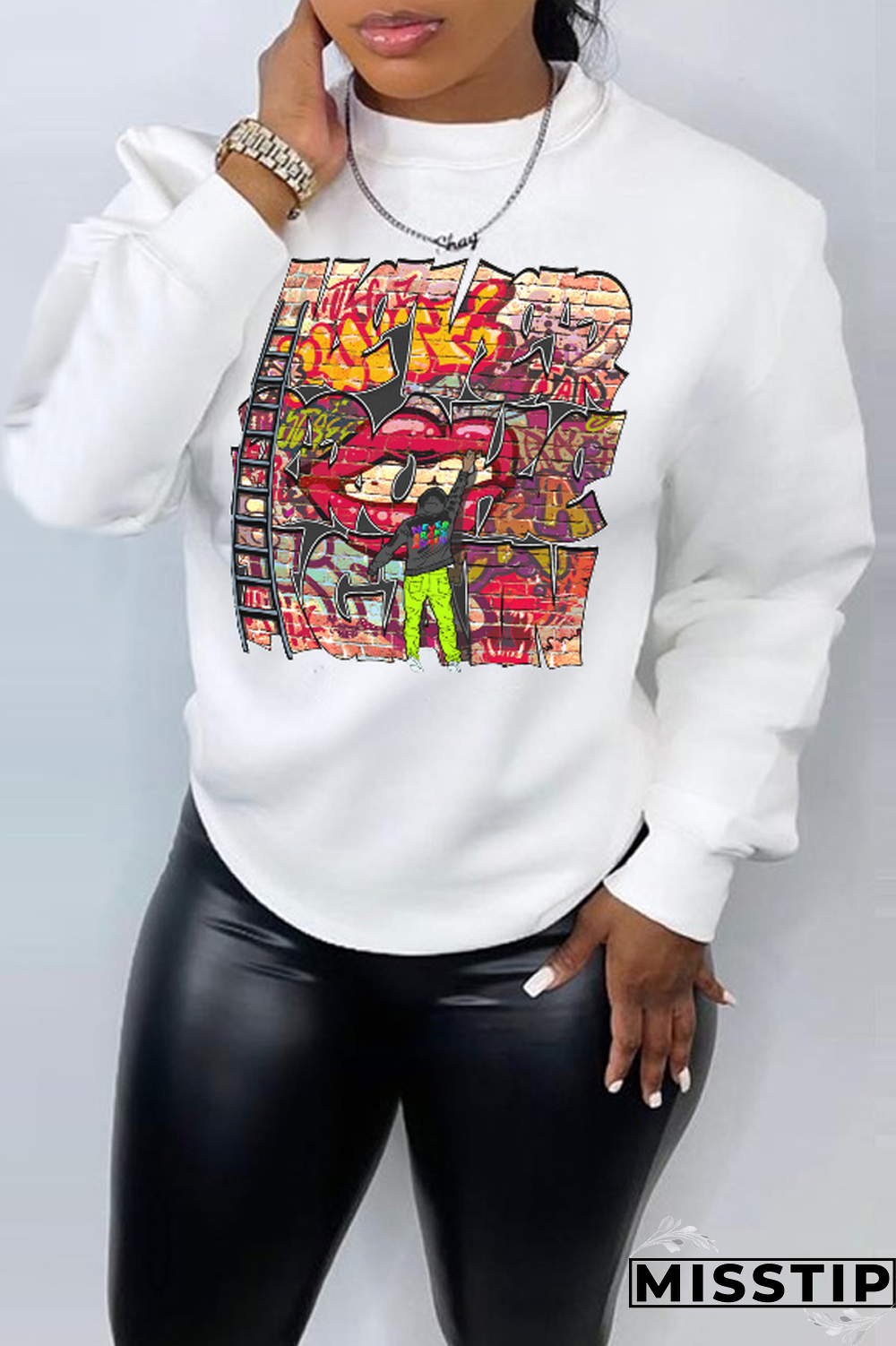 Blue Street Vintage Print Patchwork Letter O Neck Tops