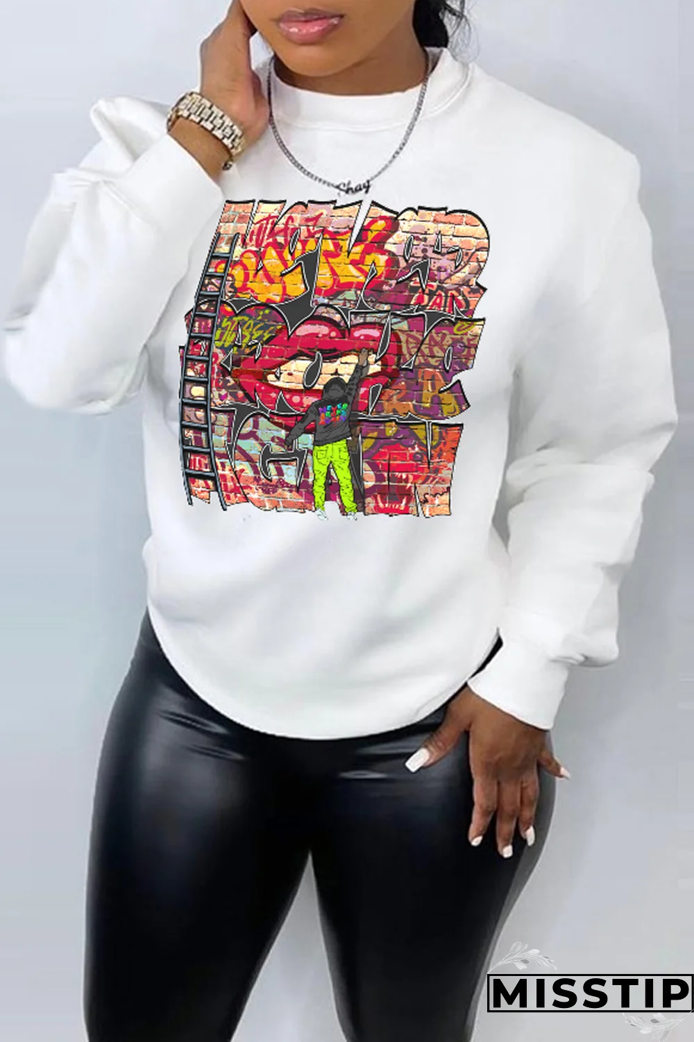 Blue Street Vintage Print Patchwork Letter O Neck Tops