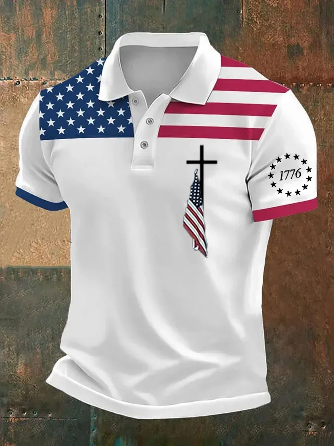 Men's Casual Independence Day American Flag Art Polo Shirt