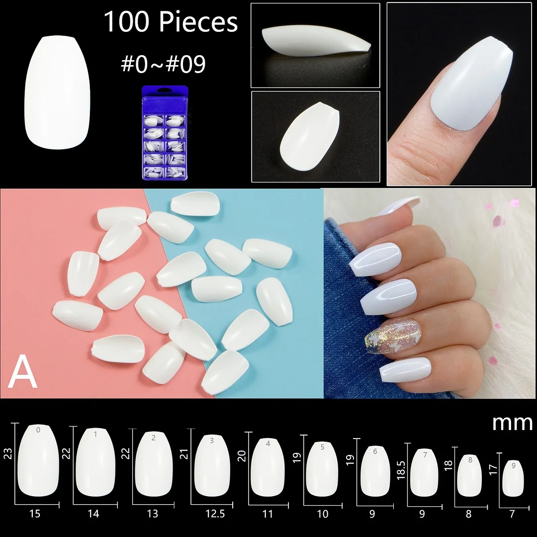 100pcs/set 10 Sizes Full Cover False Nail Tips Ballerina Coffin Fake Nails Square Stiletto French Acrylic Press On Nails-Nail Inspo