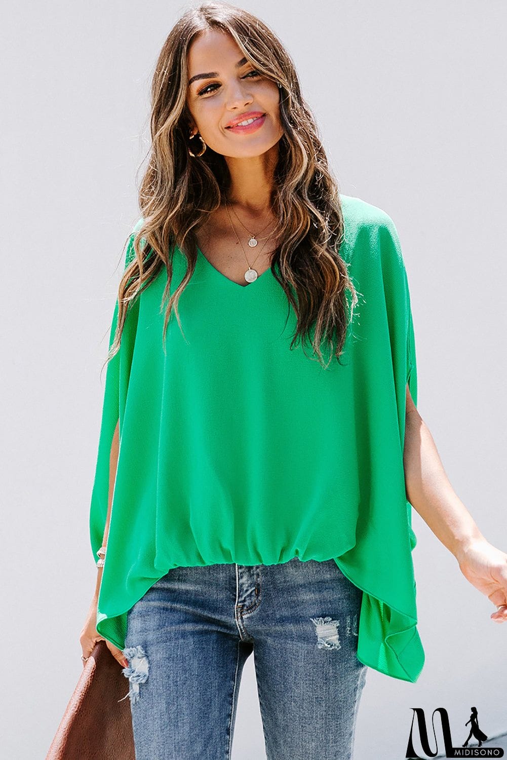 MidiSono - Draped Dolman Sleeves V Neck Blouse