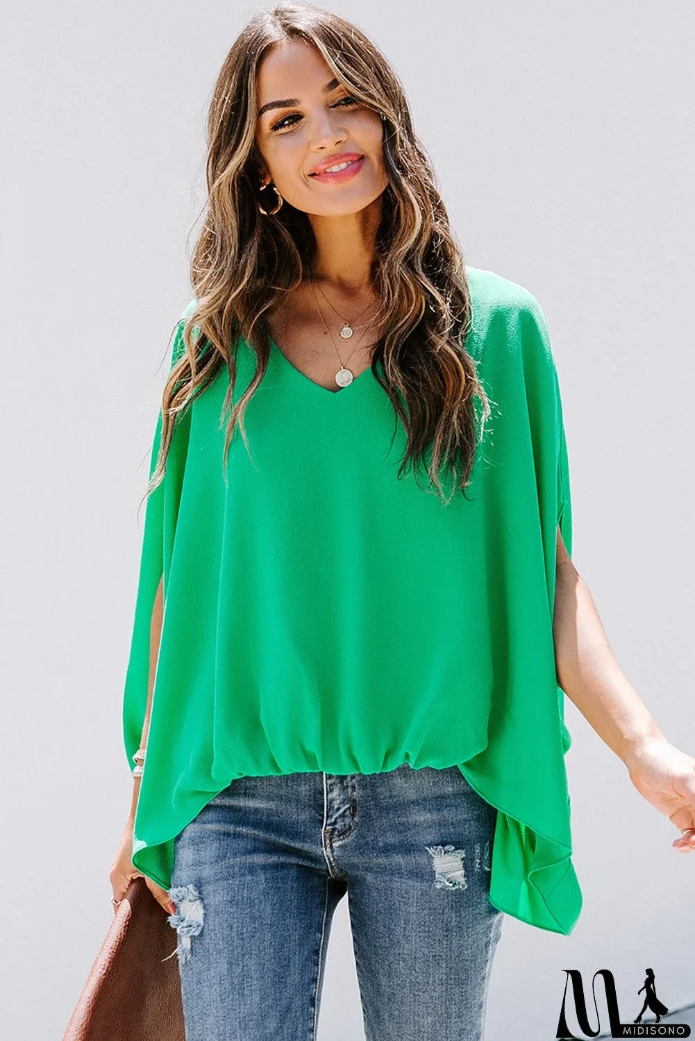 MidiSono - Draped Dolman Sleeves V Neck Blouse