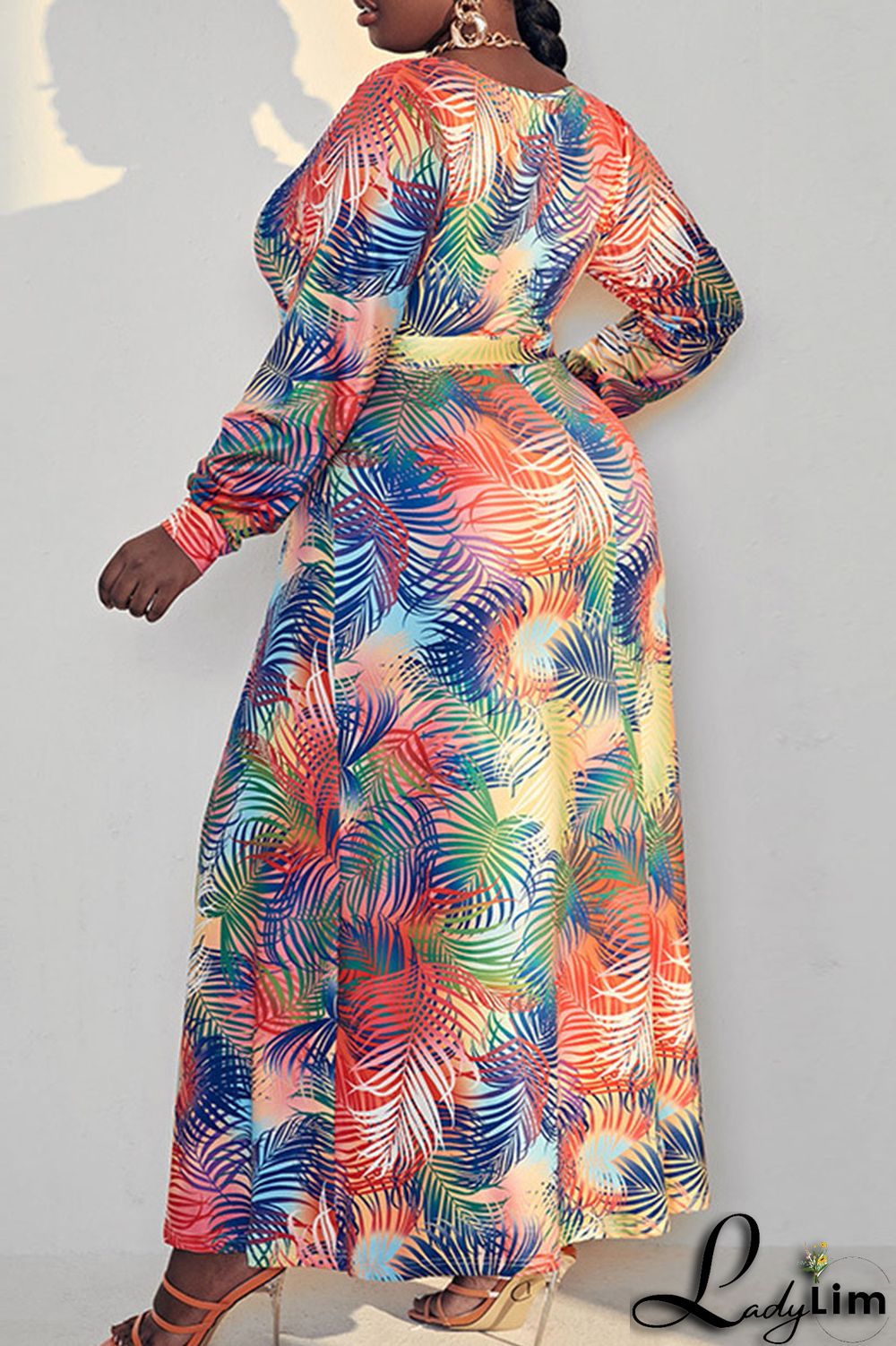 Multicolor Fashion Casual Print Bandage Split Joint V Neck Straight Plus Size Dresses
