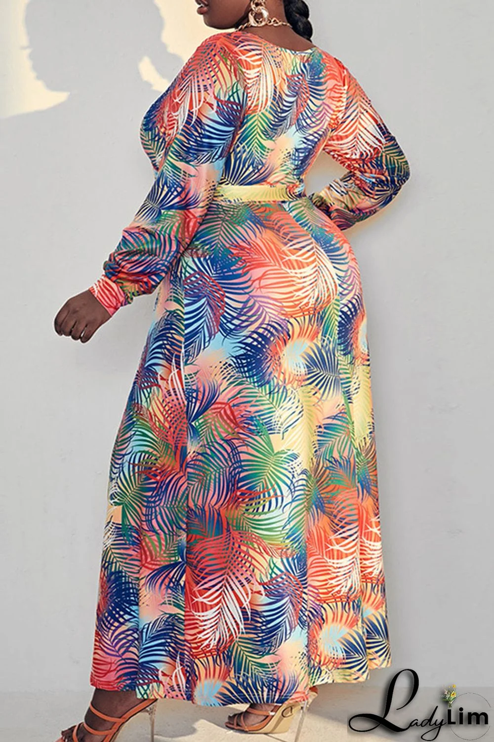 Multicolor Fashion Casual Print Bandage Split Joint V Neck Straight Plus Size Dresses