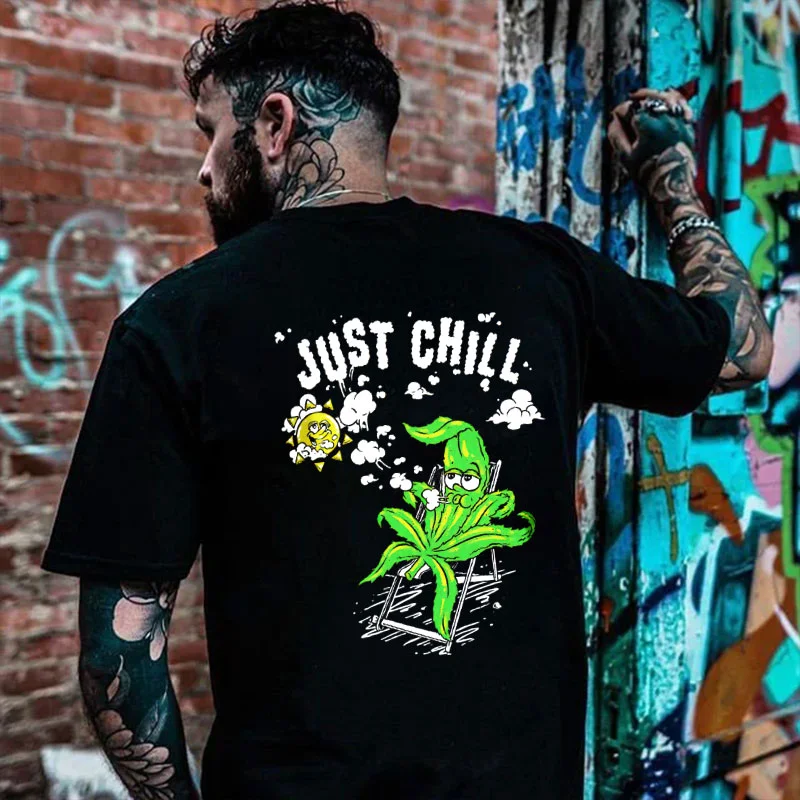 JUST CHILL  Green Leaves with Gases Black Print T-shirt