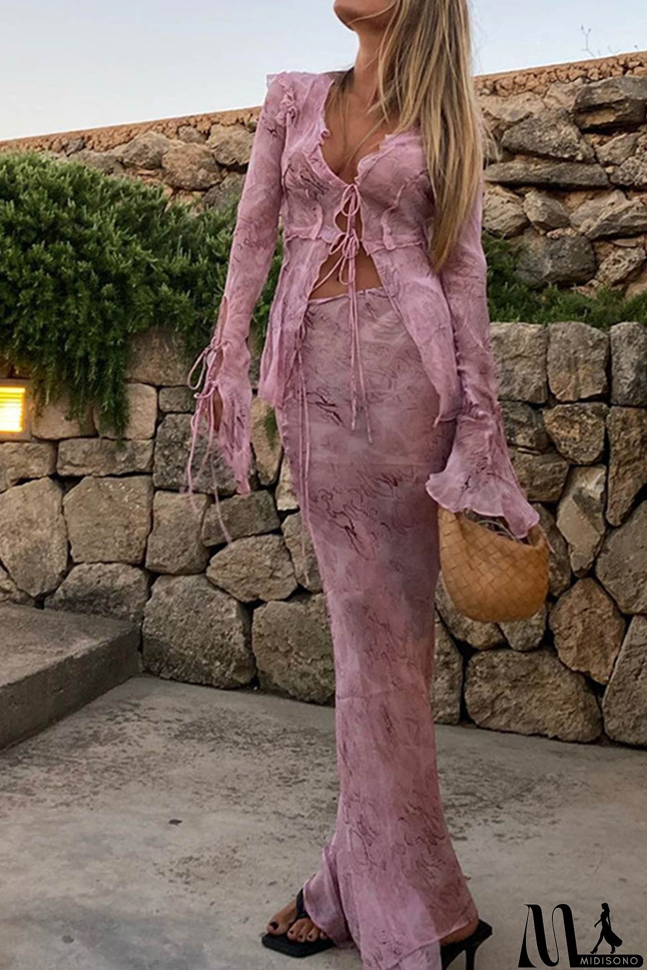 MidiSono - Mesh Printed Strappy Cardigan Skirt Suits