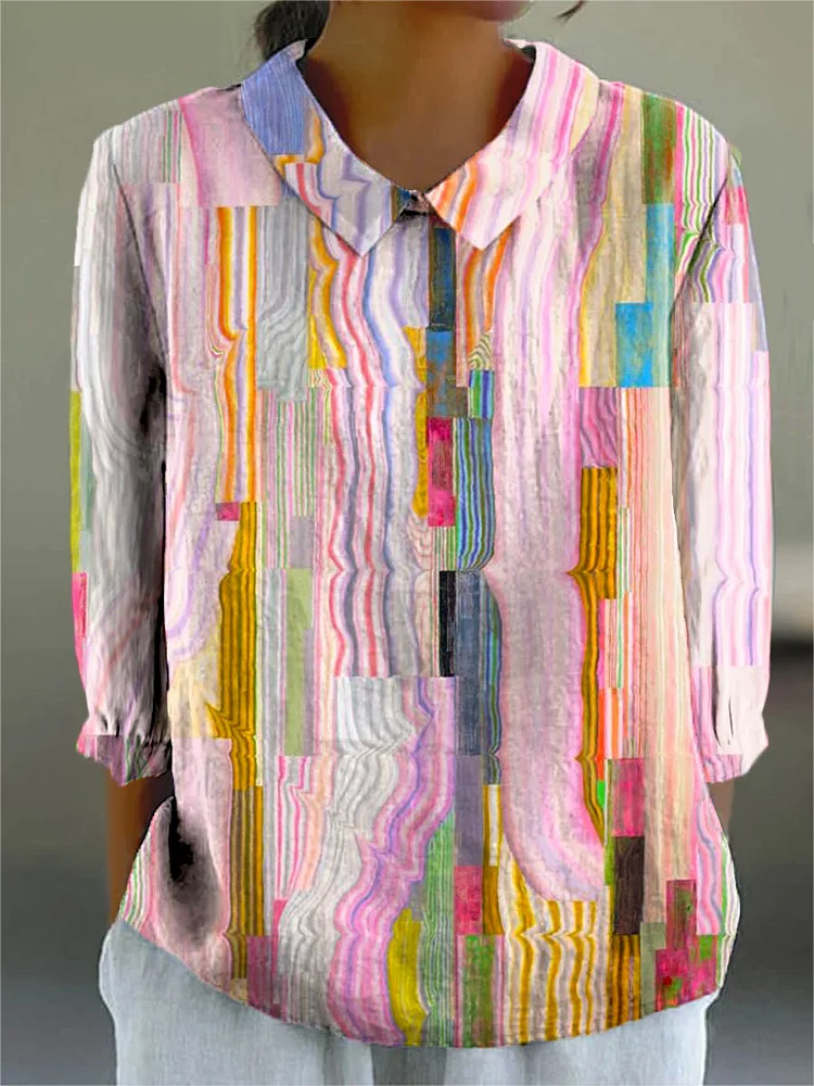 Women's Abstract Pattern Art Print Casual Cotton And Linen 3/4 Sleeve Shirt