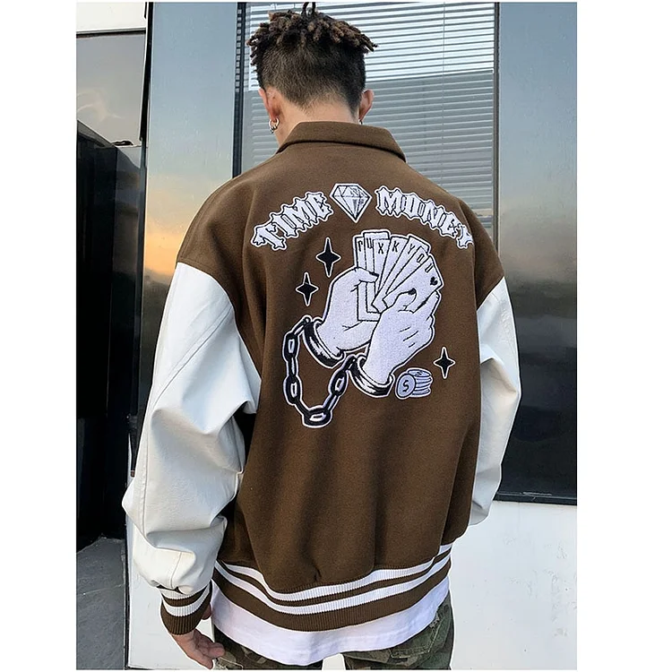 Embroidered Letter Vintage Men's Leather Sleeves Brown Baseball Varsity Jacket at Hiphopee