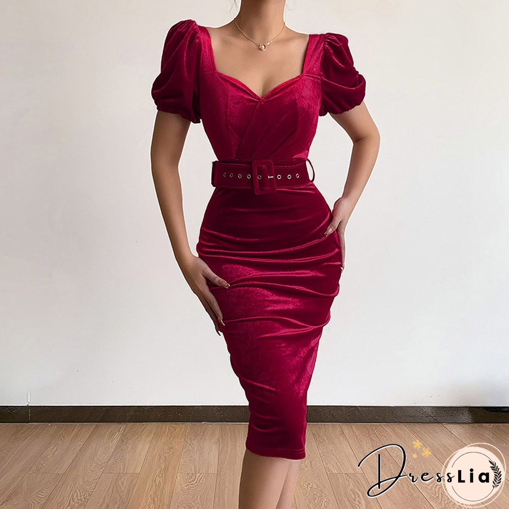 Elegant Bodycon Low-Cut V-Neck Puff Sleeve Midi Dress Women Autumn Velvet Slim Party Dress Fashion Folds Solid Dresses Vestidos