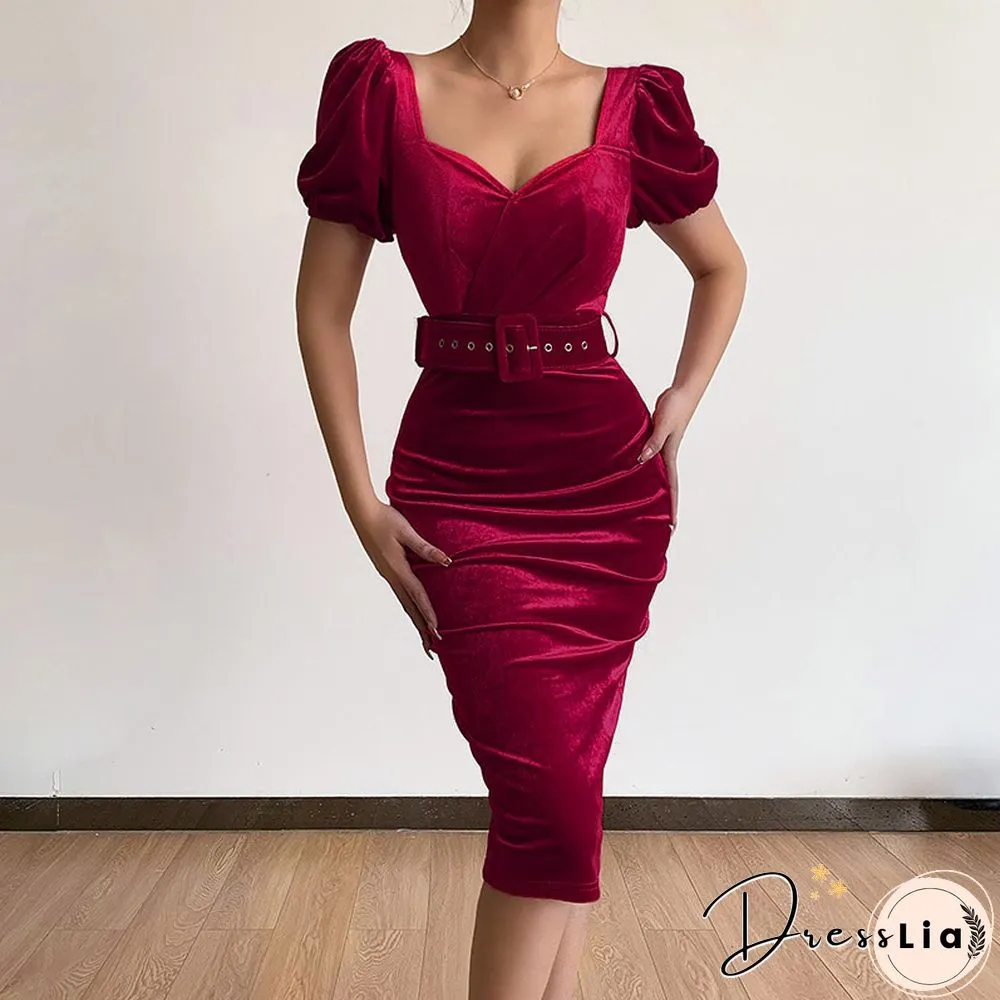 Elegant Bodycon Low-Cut V-Neck Puff Sleeve Midi Dress Women Autumn Velvet Slim Party Dress Fashion Folds Solid Dresses Vestidos