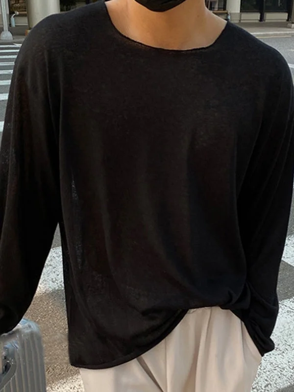 Aonga - Mens Solid Long Sleeve Casual Loose T-shirt