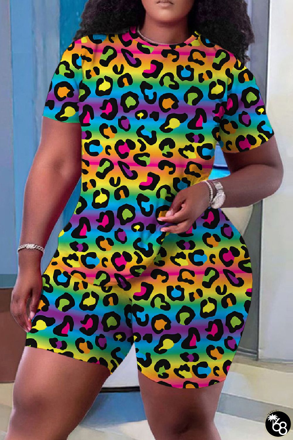 Casual Print Leopard Basic O Neck Short Sleeve Two Pieces | 168DEAL