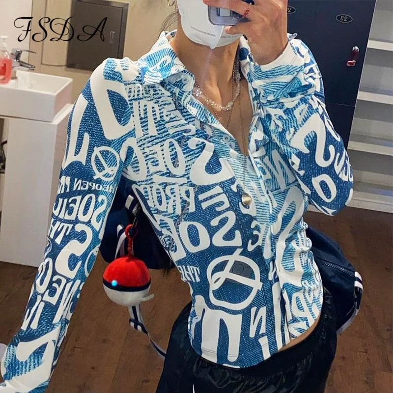 Letter Print Long Sleeve T Shirts Blue Sexy Women V Neck Black Autumn Summer Casual Crop Tops Fashion 2022