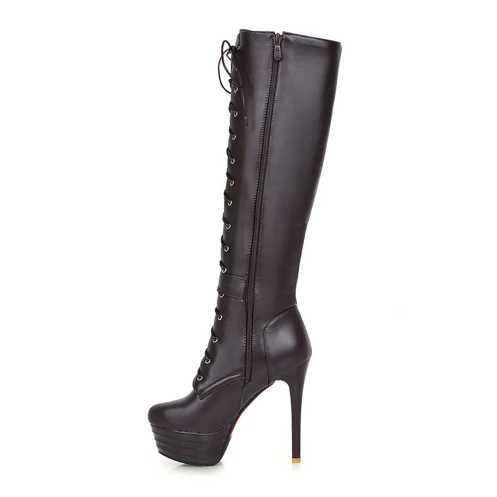 BONJOMARISA Plus Size 31-45 shoes lace 13 Cm Super High Heels Mortorcycle Boots Women 2020 Fashion High Platform Shoes Woman
