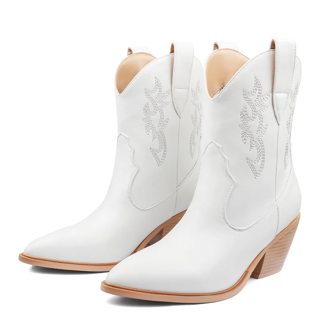 6.5cm/2.56" Embroidered Western Cowboy Pointed Toe Pull-On Fashion Classic Matte Boots