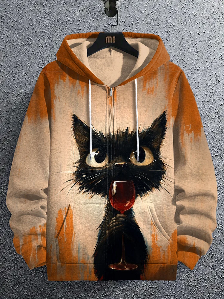 Men's Black Cat Drinking Red Wine Art Print Hooded Zip Up Jacket