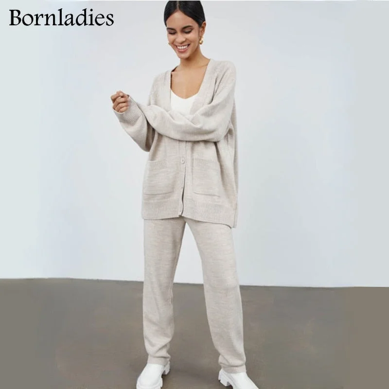 Bornladies Autumn Winter Ladies Loose 2 Pieces Set Sexy V Nexk Pullover Sweater & Lace-up Skinny Pants Casual Women Knitted Sets