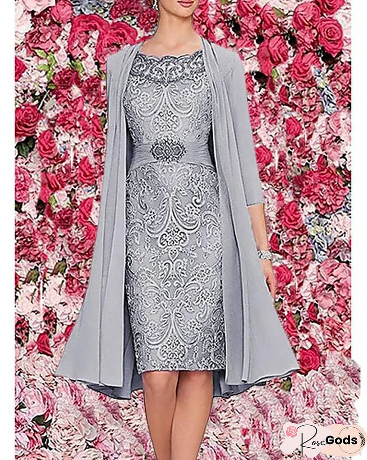 Women's Two Piece Dress Knee Length Dress 3/4 Length Sleeve Floral Jacquard Spring & Summer Hot Elegant Wine Dark Blue Gray