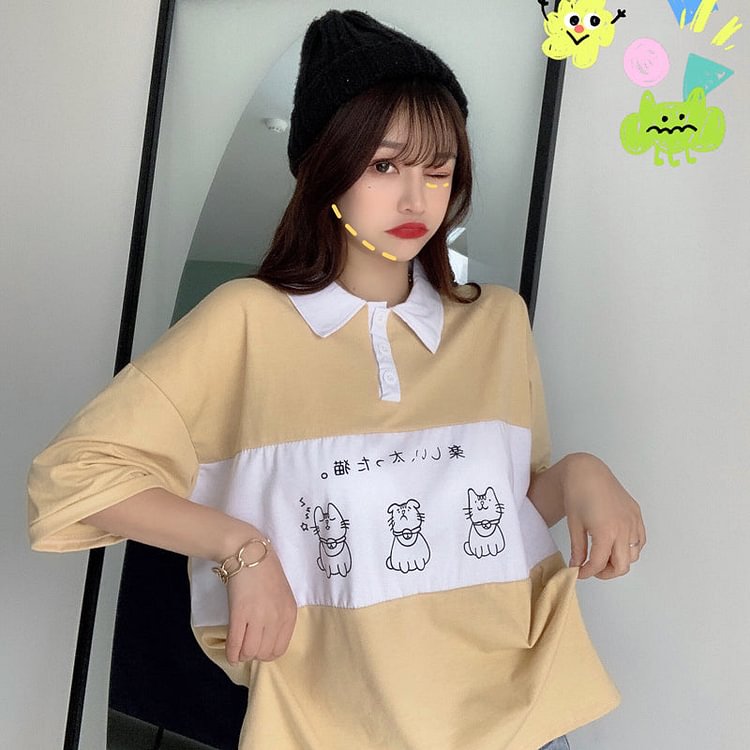 Kawaii Cat Printed  Collar Neck T-Shirt - Gotamochi Kawaii Shop, Kawaii Clothes