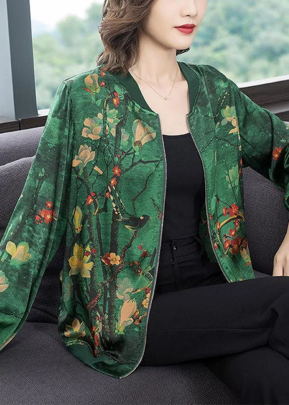 Cozy Green O-Neck Print Zip Up Silk Coats Long Sleeve <Shipping in 24 hours>