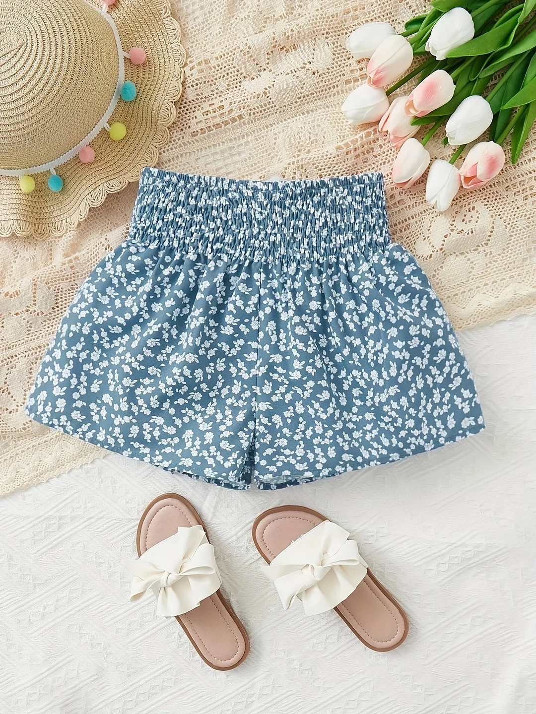 Women's Floral Print Elastic Waist Loose Shorts, Polyester 100% Shirred Woven Fabric, Lightweight 105g/M², Vacation Style For Spring/Summer/Fall | IFYHOME
