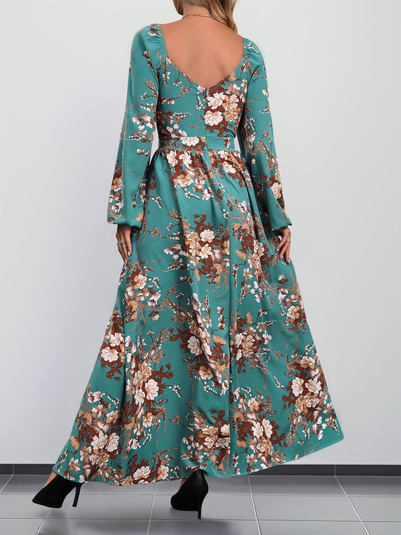 Women's Long Sleeve V-neck Floral Printed Slit Midi Dress