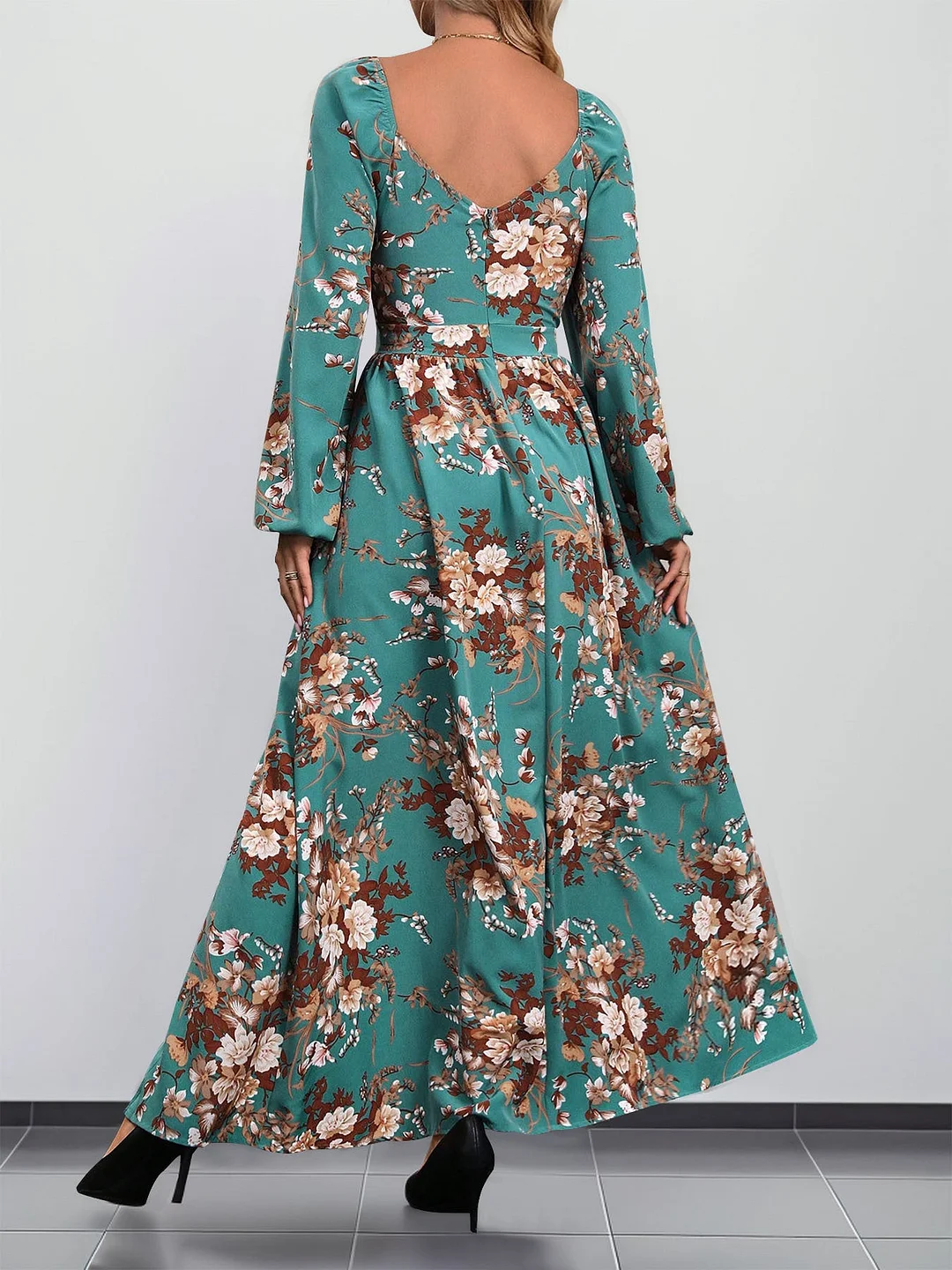 Women's Long Sleeve V-neck Floral Printed Slit Midi Dress