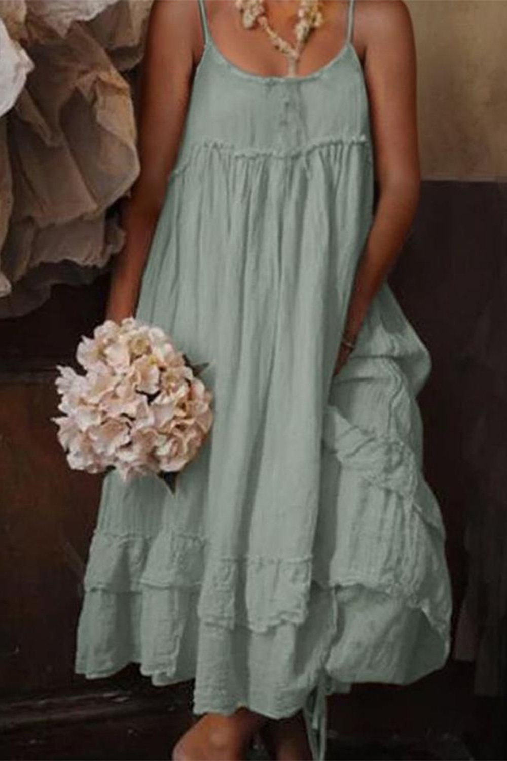 Plus Size Everyday White Solid Ruffle Layered Cami Maxi Dress 2024 - Flycurvy 
